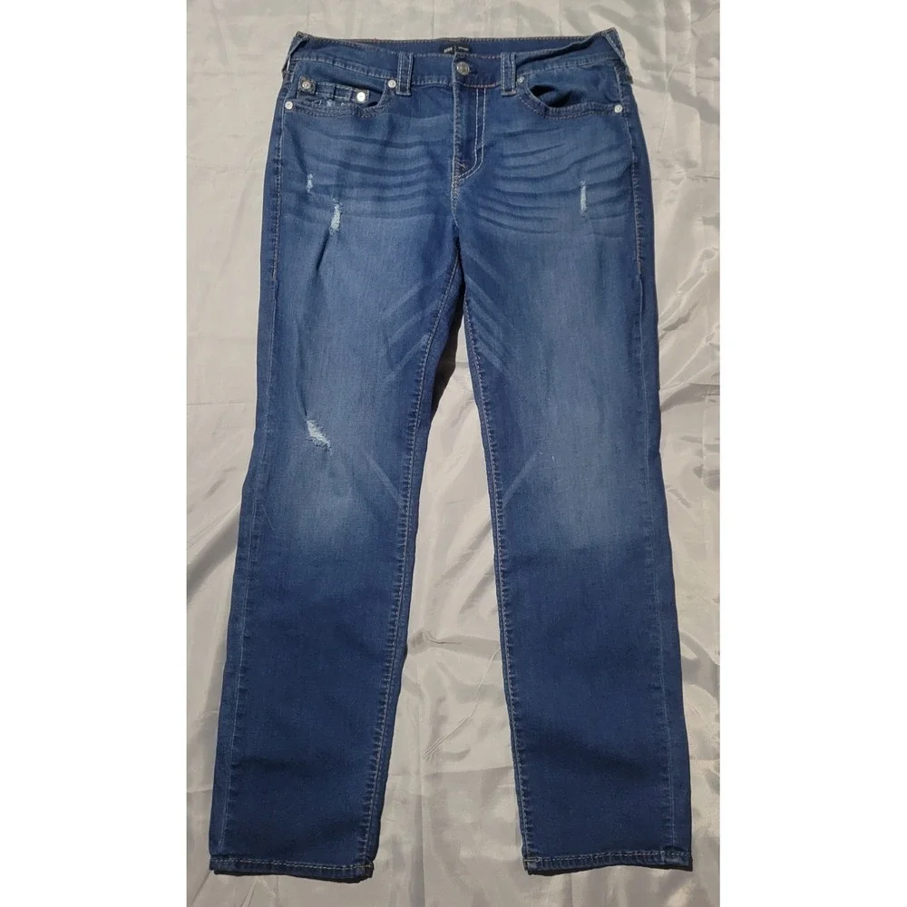 True Religion Geno Men's Relaxed Slim Fit Distressed Straight Leg Jeans Size 36